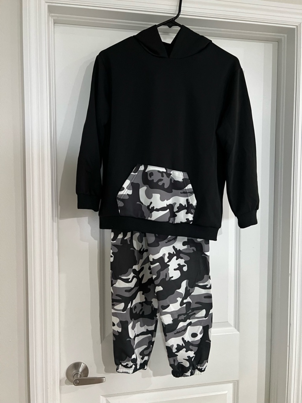 Black Hoodie & pants with Gray/White Camouflage Pocket & Pants
